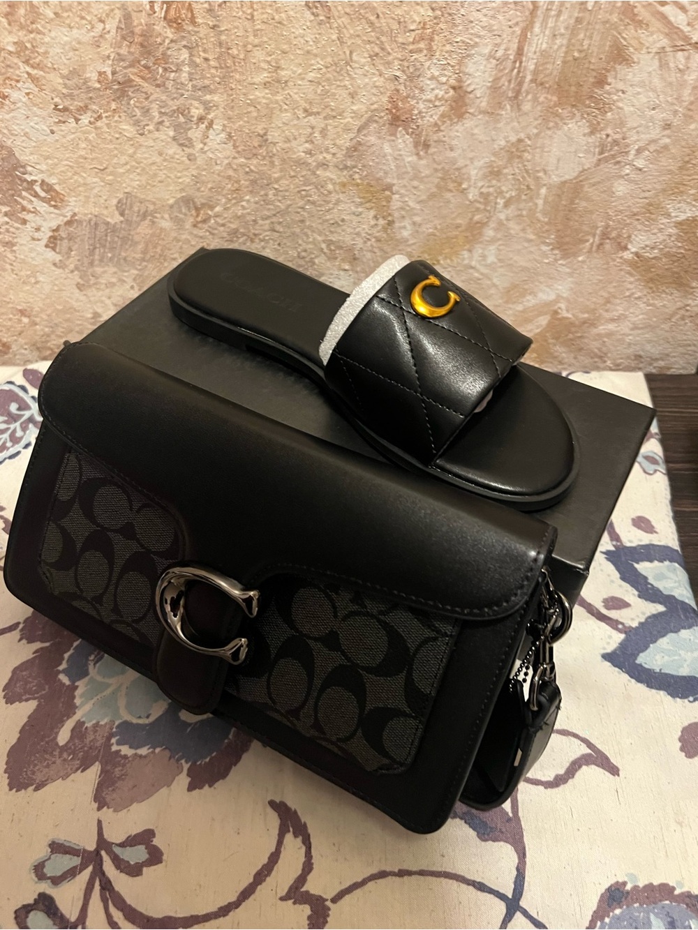 Coach Black Signature Canvas and Leather Shoulder Bag with Black Quilted Slide - Picture 1 of 6
